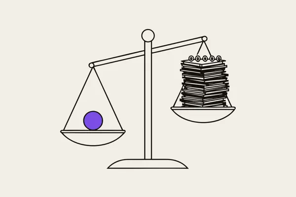 Illustration, an old-fashioned balance scale, a single small coin on one pan, a tall stack of calendars on the other, the scale tipping toward the coin