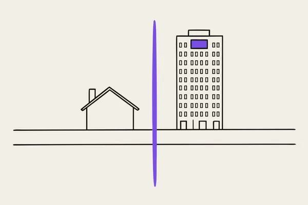 Illustration, a straight road with a clear line painted across it, a small house on the left, a tall multi-storey building with many windows on the right