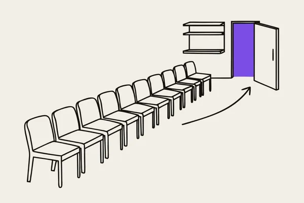 Illustration, a long line of empty waiting-room chairs leading to one service window, and next to it an open door with no queue at all