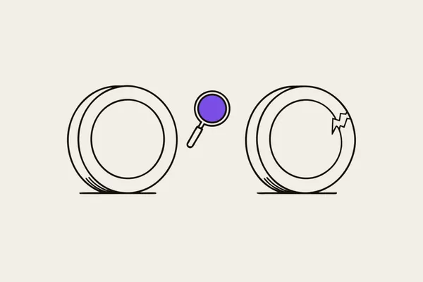 Illustration, both sides of a coin, one gleaming, the other cracked, a small magnifying glass between them