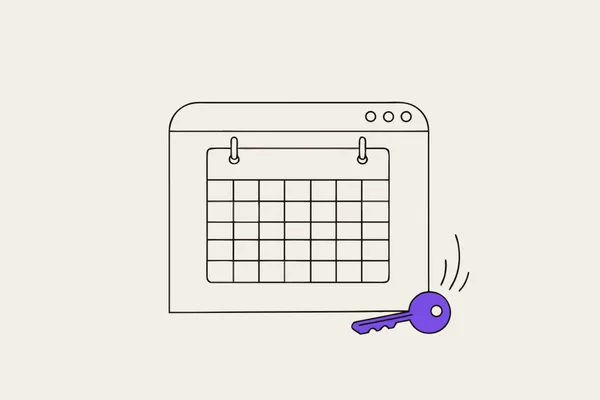 Illustration: a browser window showing a calendar with every day empty, a dusty key lying next to it